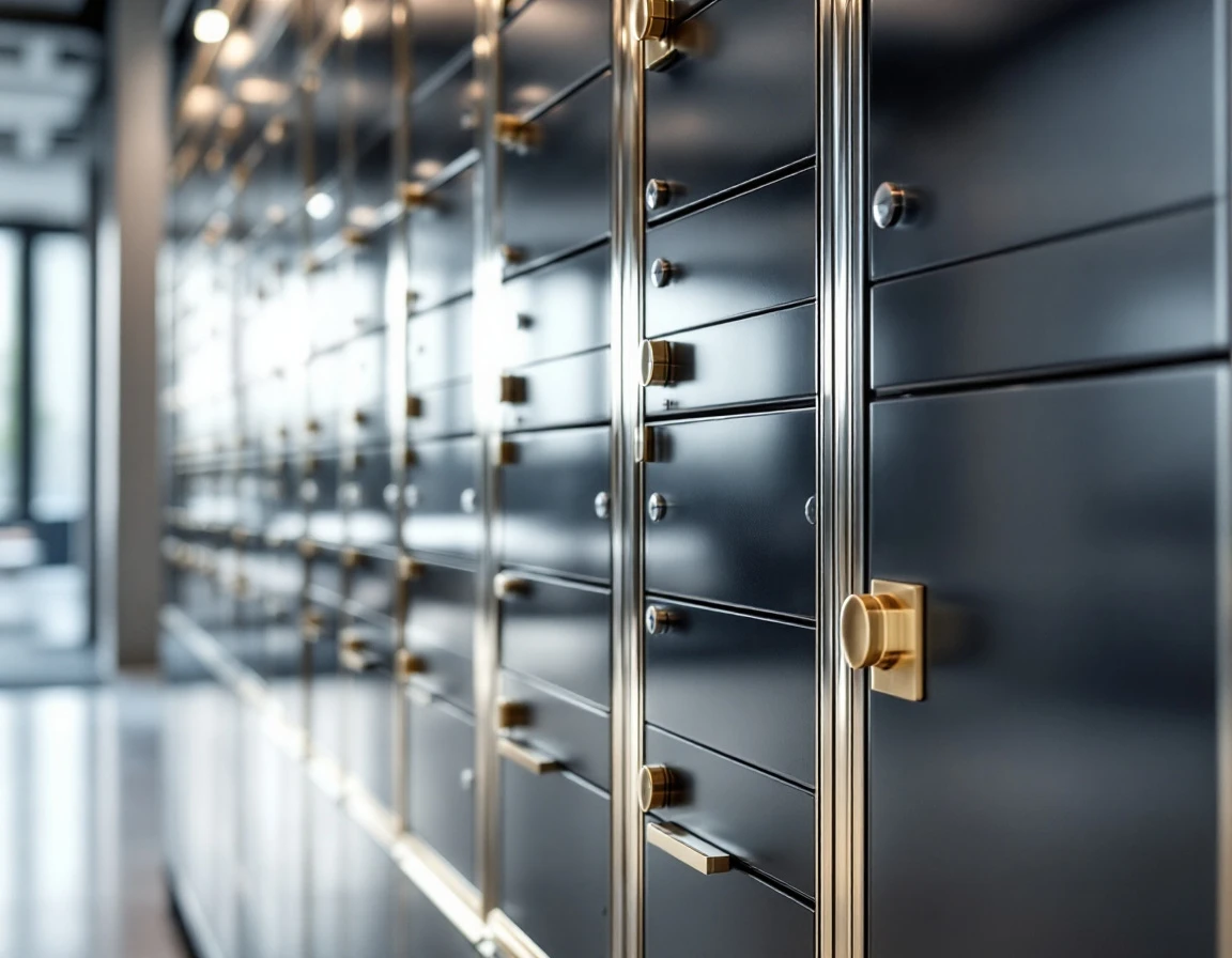 Modern mailbox units with brass hardware showing professional rental facility security and quality materials