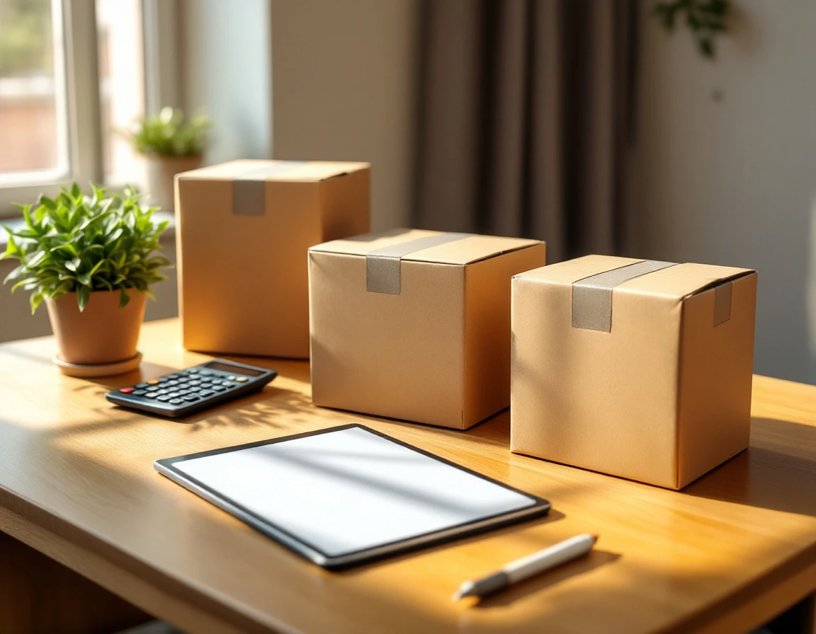 Cardboard shipping boxes with calculator on desk illustrating multi-carrier rate comparison for small business shippers