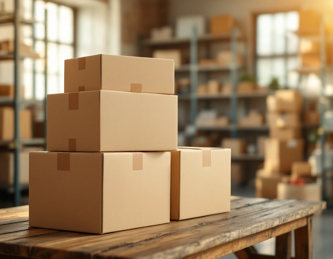 Plain cardboard shipping boxes on wooden table in warehouse setting with natural lighting and shelving
