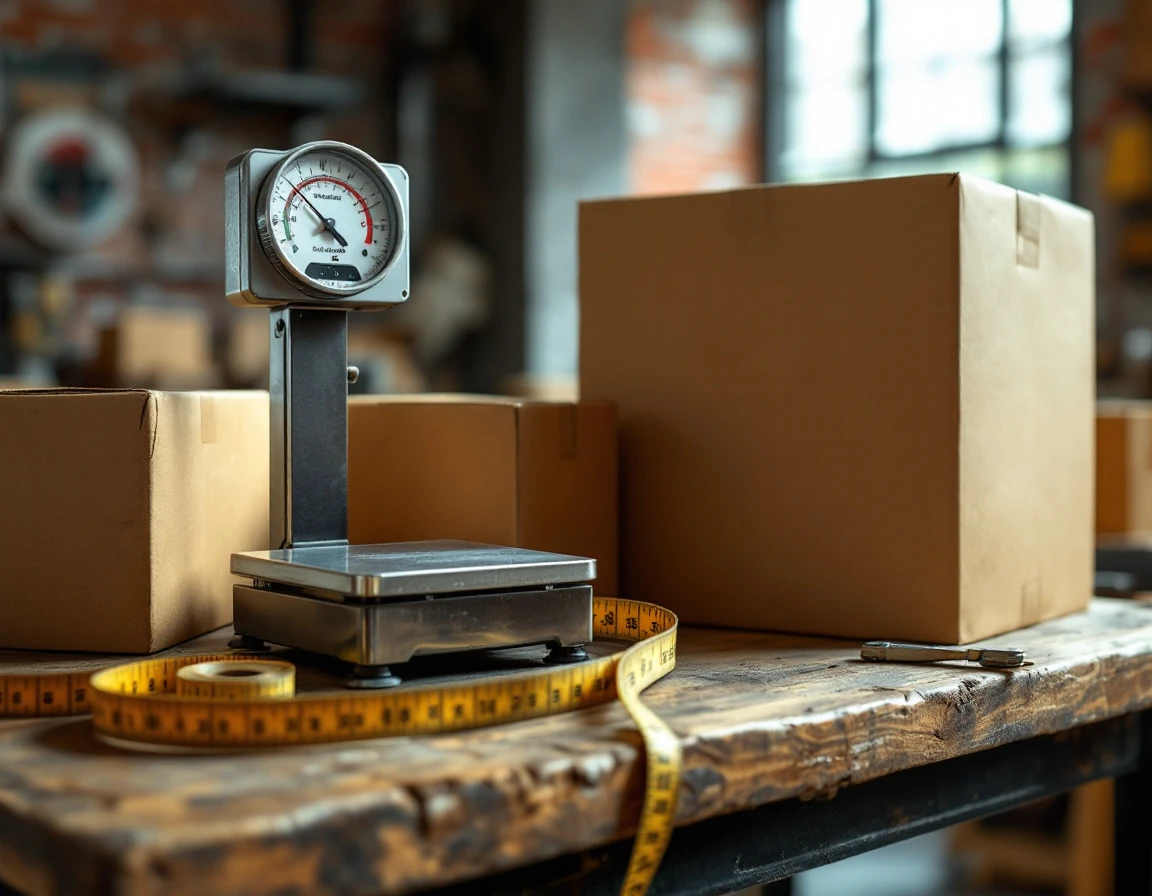 Precision shipping scale with measuring tools and graduated cardboard boxes on warehouse workbench
