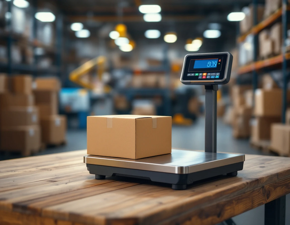 Digital shipping scale with cardboard boxes on warehouse worktable under industrial lighting