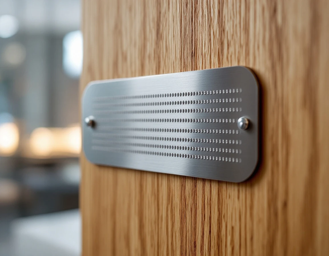 Close-up of tactile metal signage plate with raised dots and dimensional characters mounted on wood surface