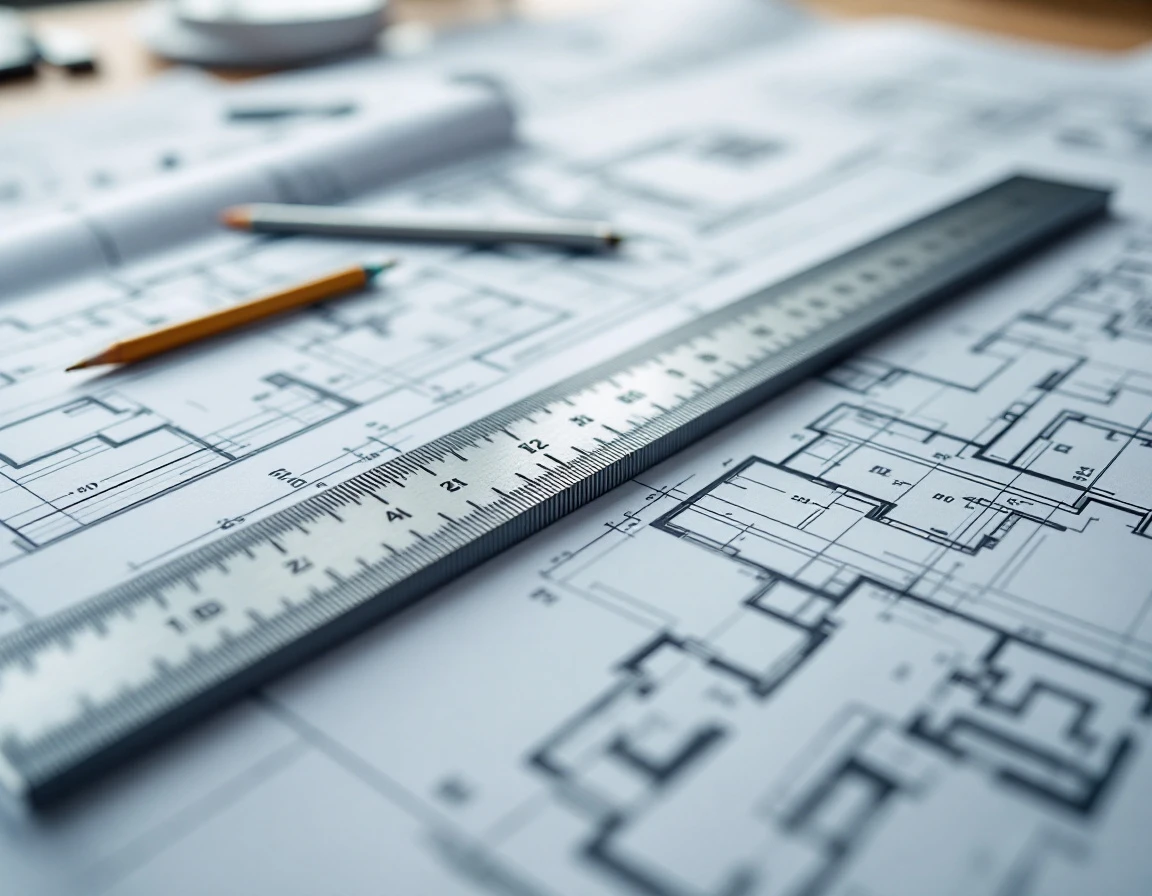 Architectural blueprints with measuring tools on drafting table showing accessibility design specifications