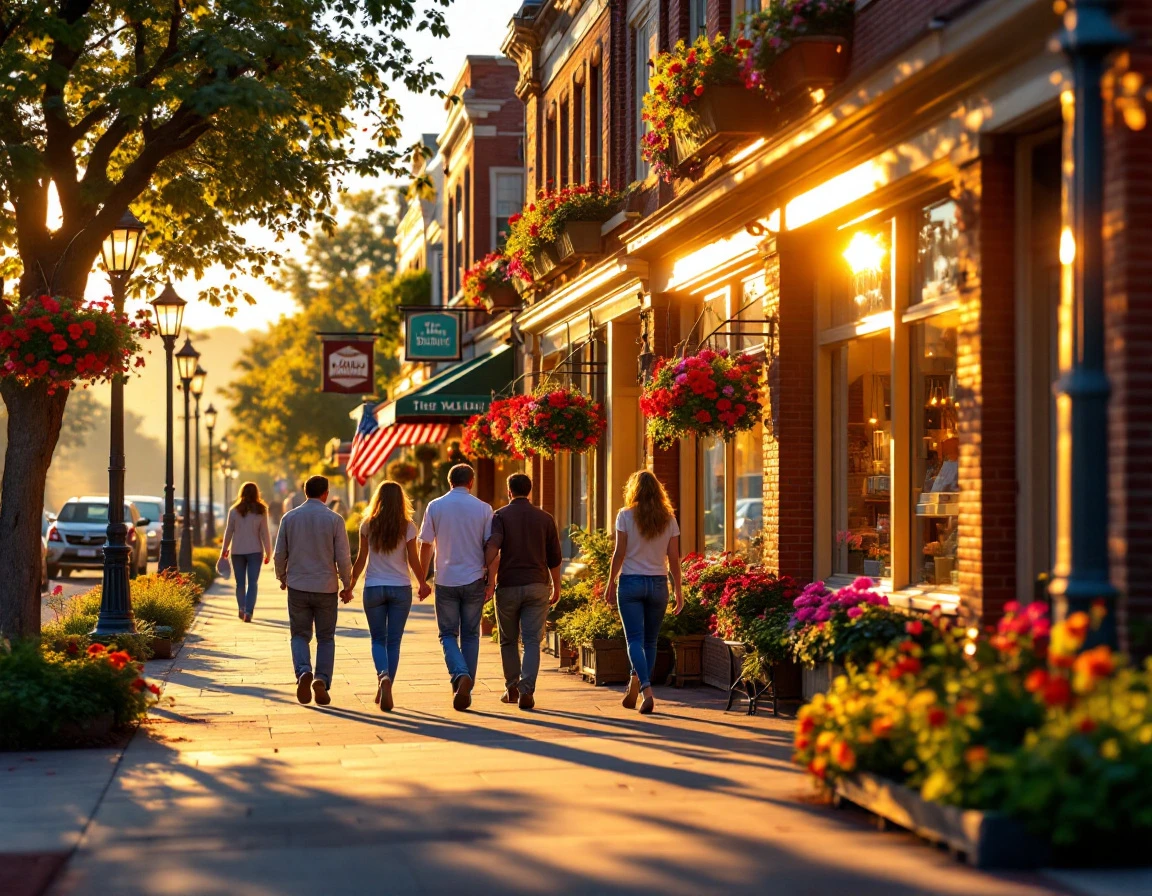 Small-town main street with local shops and pedestrians during summer golden hour