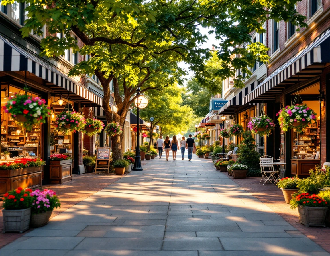 Tree-lined retail street with outdoor displays, flower baskets, and pedestrians during summer evening