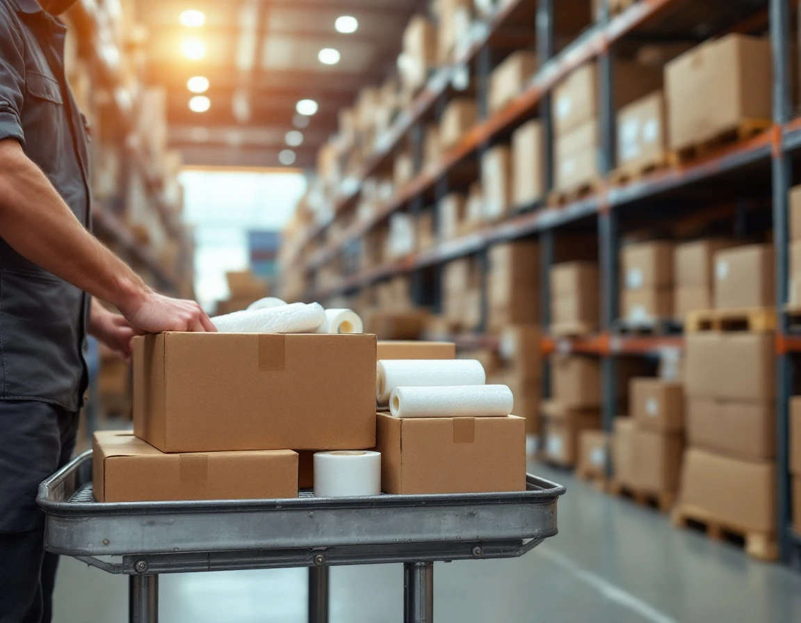 Warehouse worker organizing packing supplies and shipping materials on cart during busy holiday season