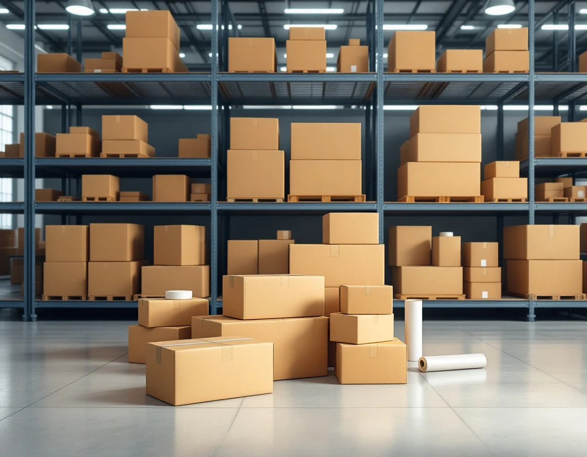 Organized cardboard shipping boxes on warehouse shelves with packing supplies for peak season inventory