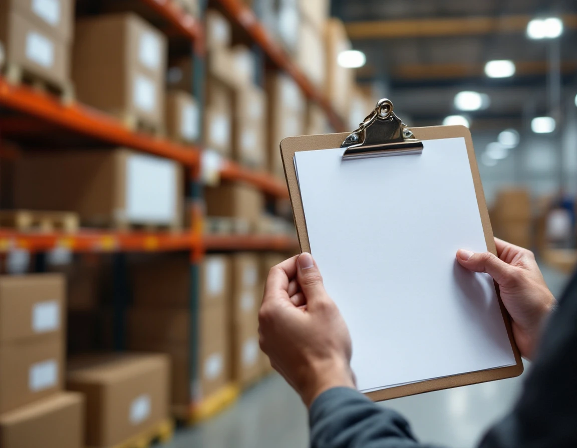 Warehouse worker reviewing shipping documentation with cardboard boxes on shelves in fulfillment center