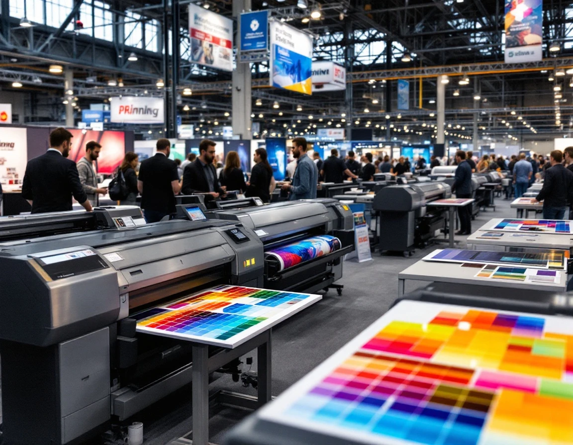 Large format printing equipment and color samples displayed at professional printing industry trade show