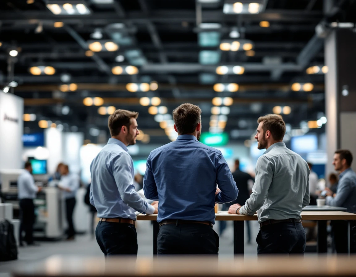 Trade show attendees networking at exhibition floor with printing equipment displays in background