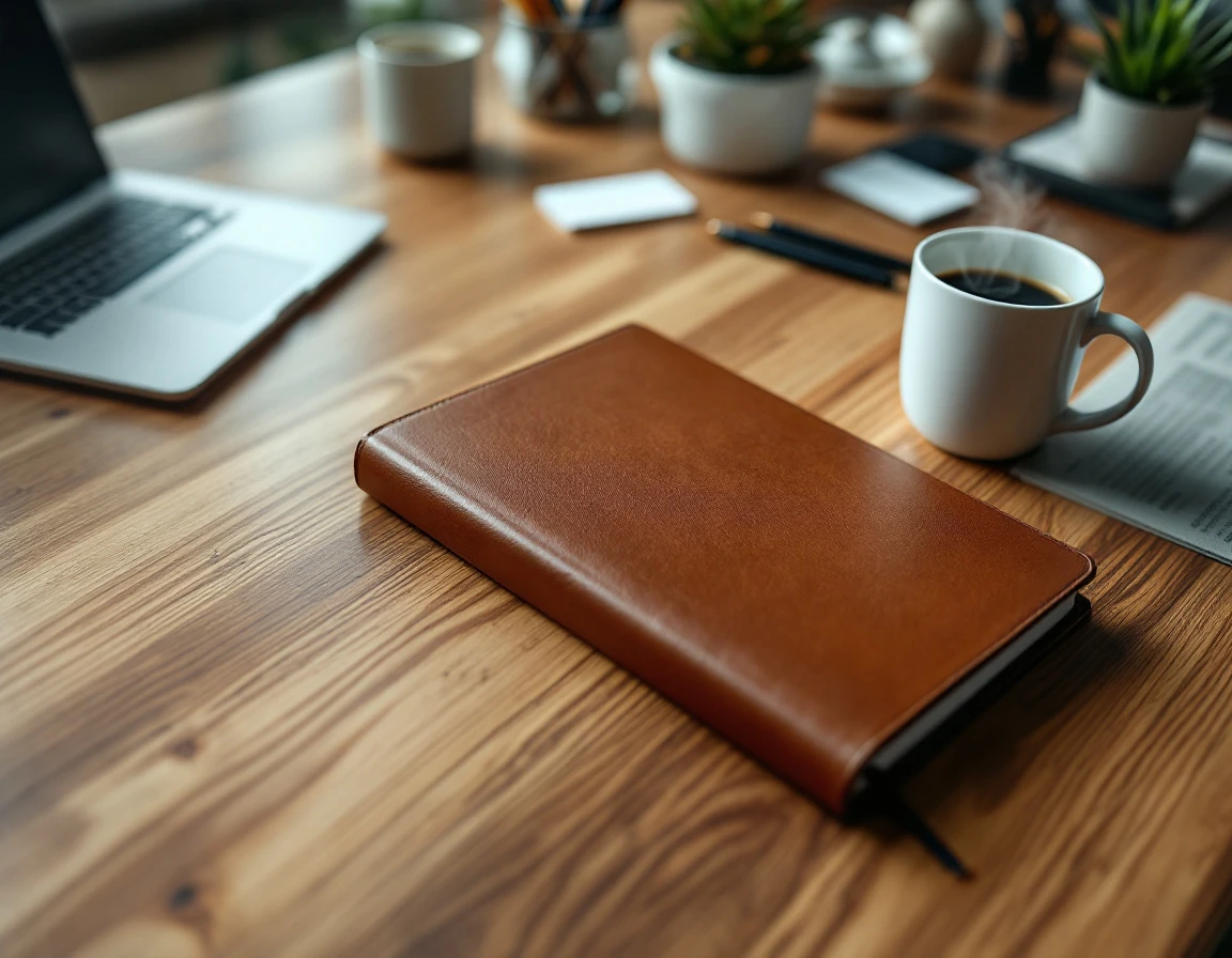 Organized workspace with closed planner and coffee showing post-expo planning preparation