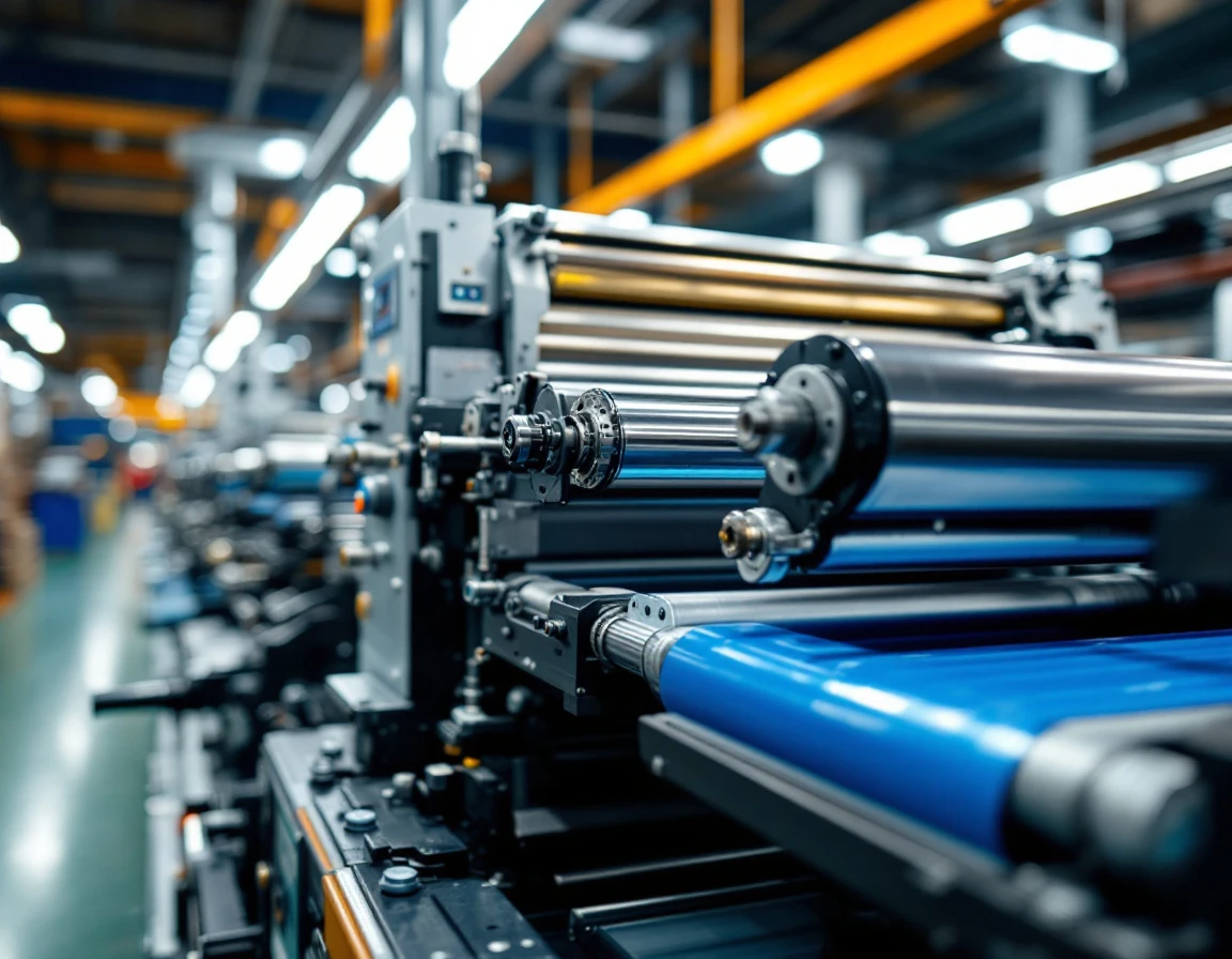 Commercial offset printing press rollers and ink distribution system in industrial print shop facility
