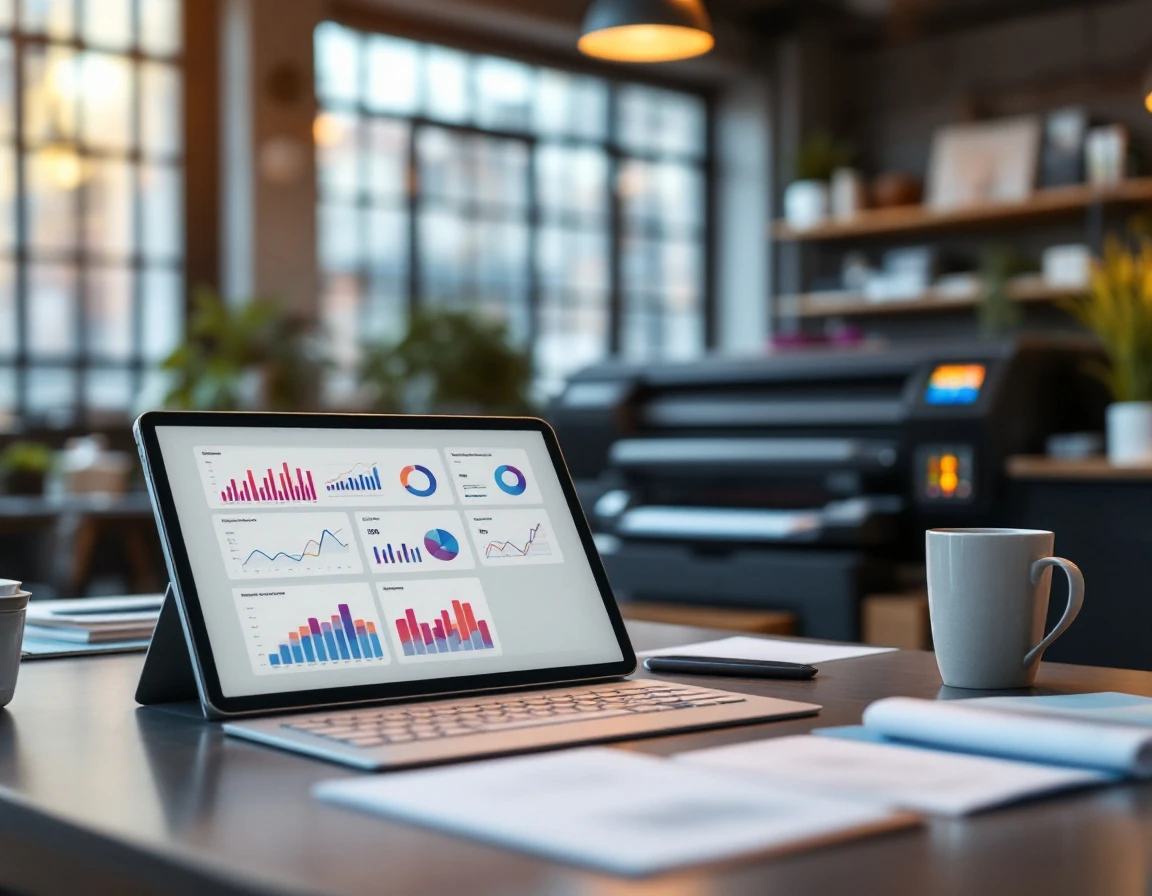 Tablet displaying business analytics software on desk in professional print shop with equipment visible