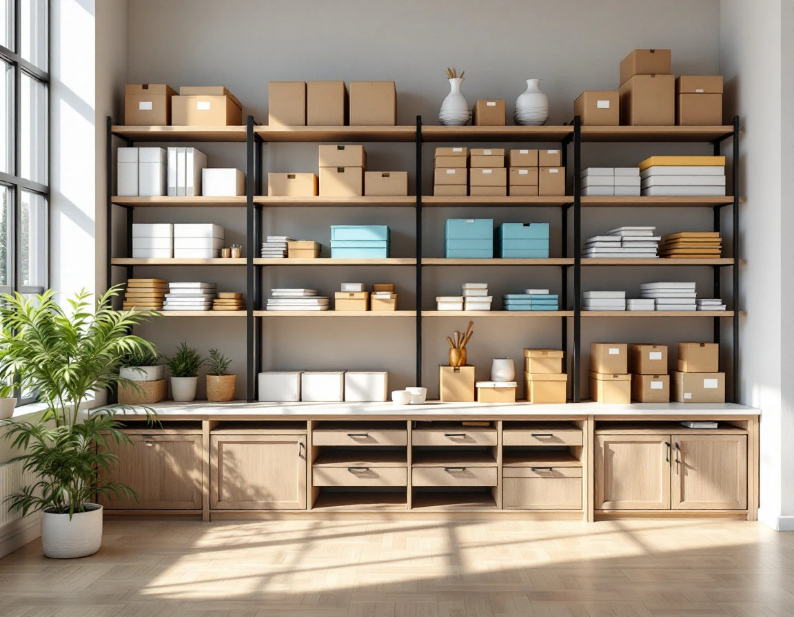 Organized print shop intake counter with wooden shelving and systematic order management storage