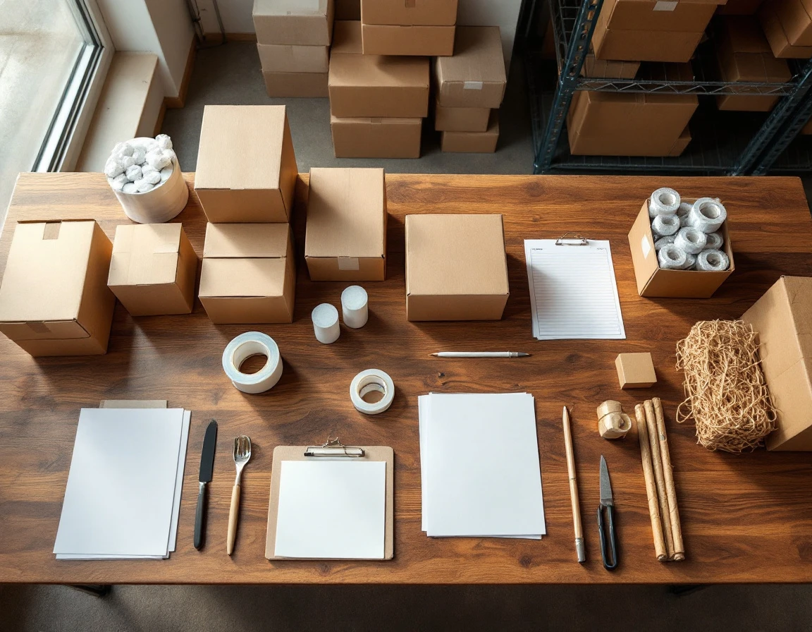 Organized packing station with shipping supplies arranged systematically for efficient fulfillment operations