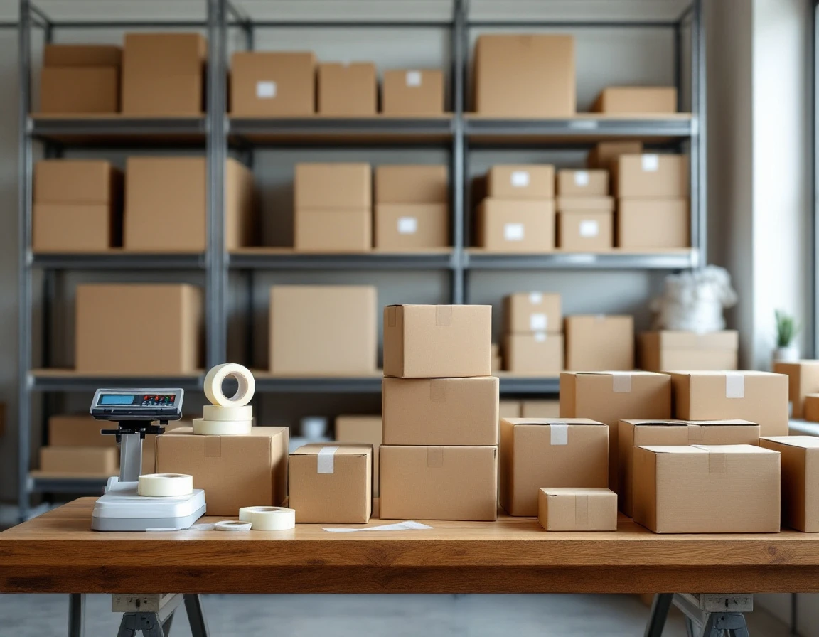 Organized shipping workspace with unmarked cardboard boxes, postal scale, and industrial shelving