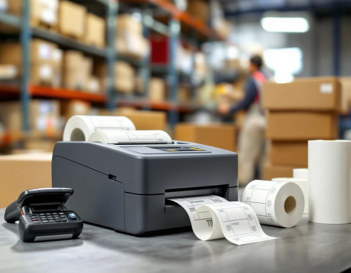 Thermal printer and barcode scanner on pack-and-ship retail counter with warehouse shelving in background