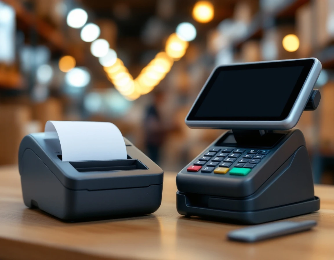 Thermal printer and payment terminal on retail counter in pack-and-ship store environment