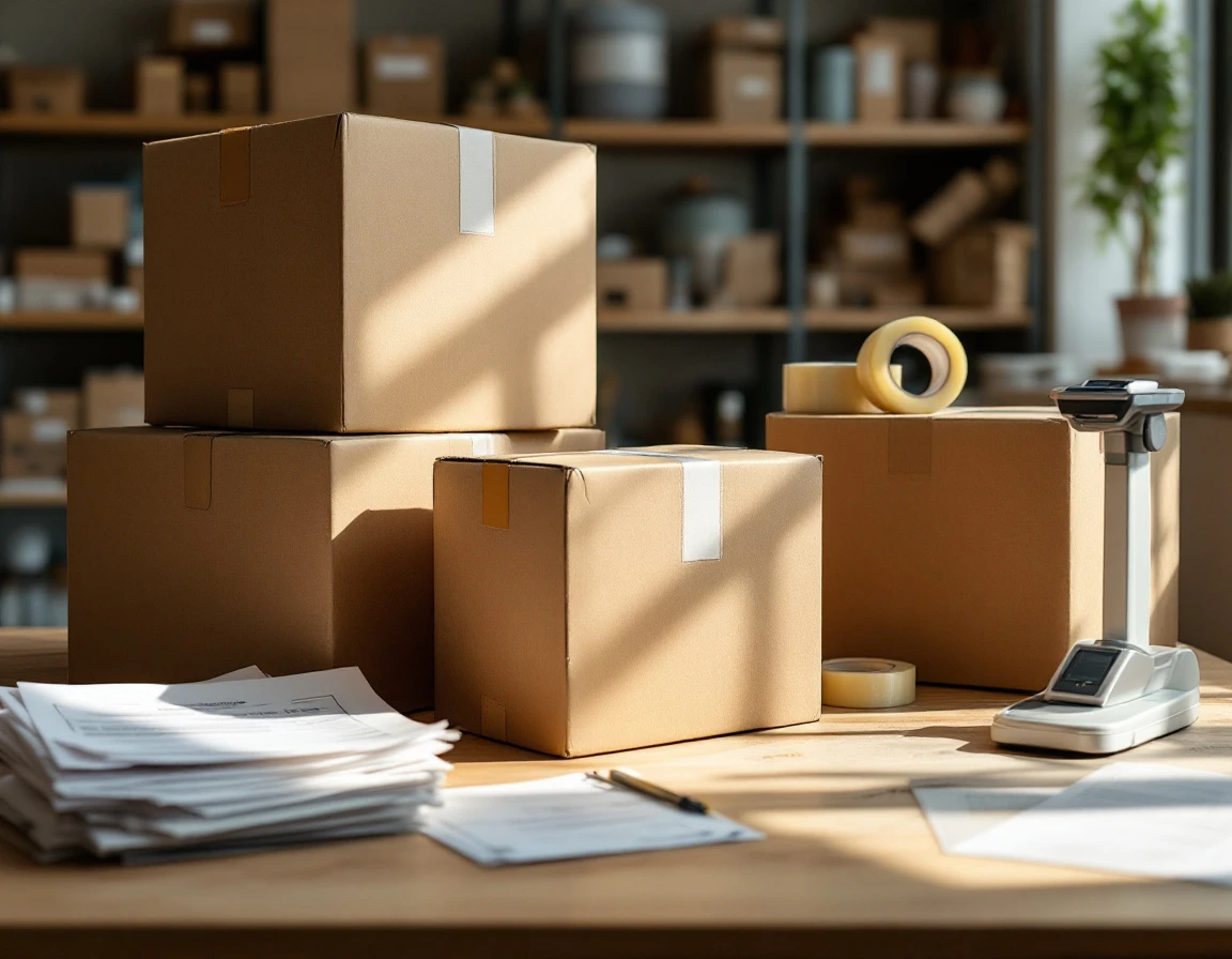 Cardboard packages and customs forms on wooden desk in pack-and-ship store workspace