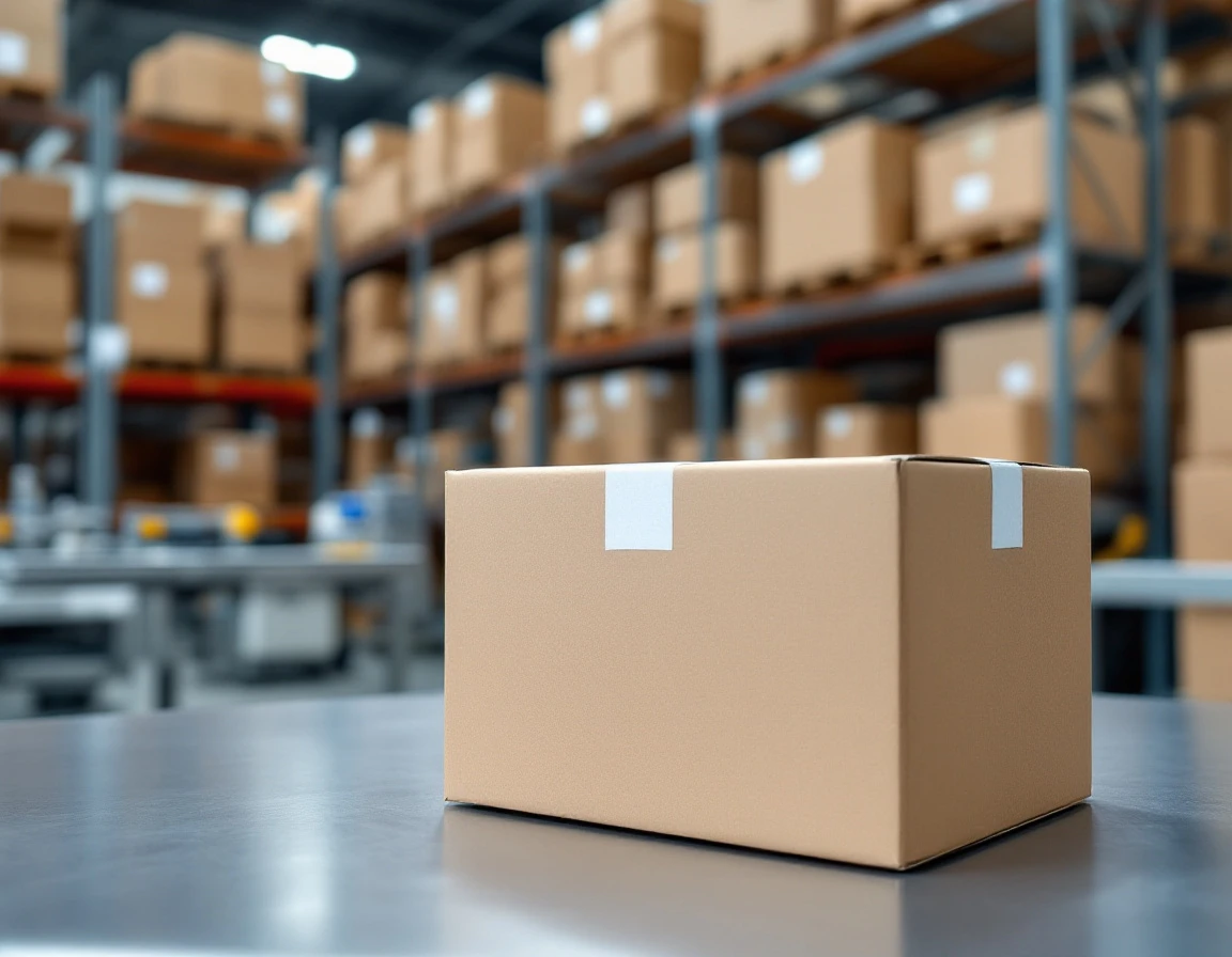 Cardboard shipping boxes on metal shelving in a pack-and-ship warehouse facility