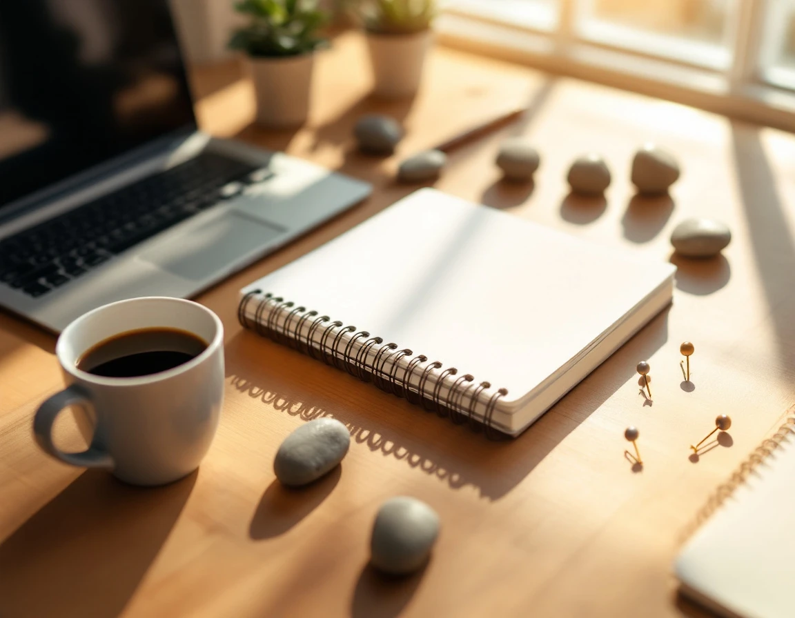 Organized desk workspace with notebook, coffee, and planning materials suggesting team delegation strategy