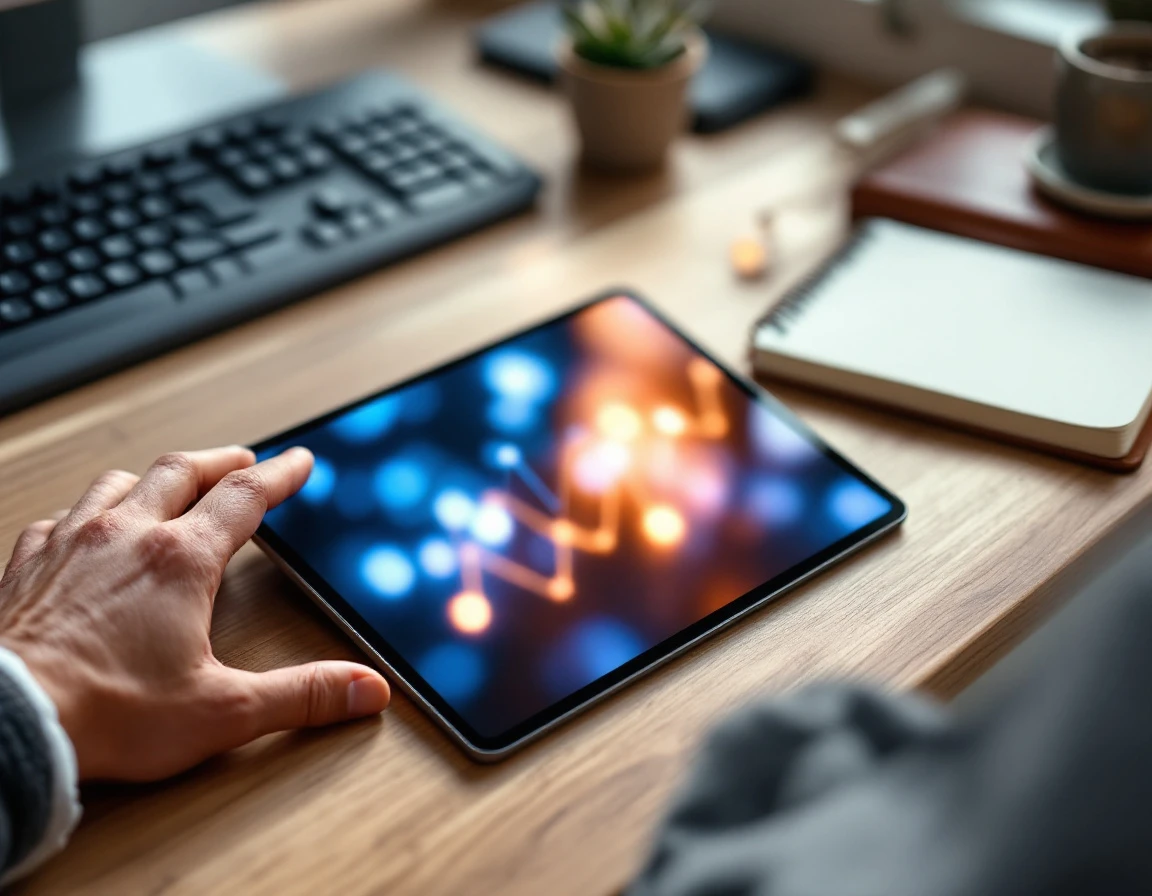 Tablet with blurred analytics interface on wooden desk alongside workspace essentials