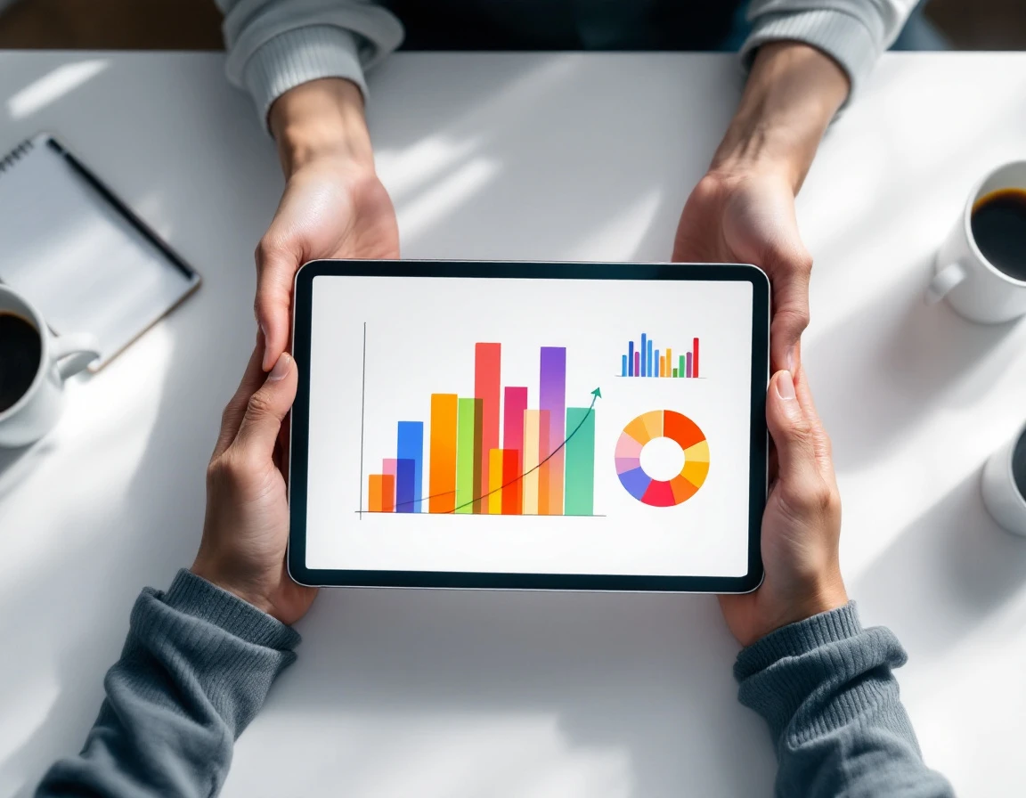 Hands reviewing abstract analytics charts on tablet device showing colorful data visualization shapes