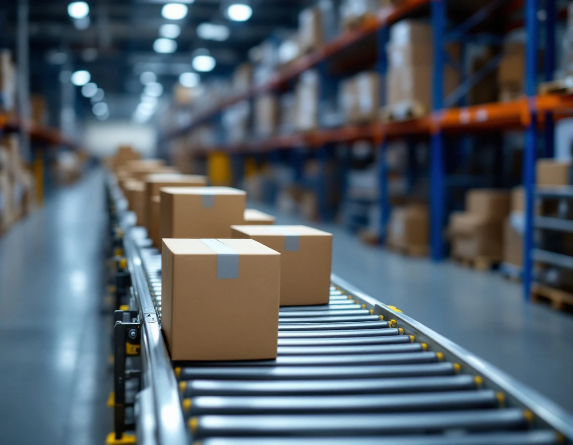 International shipping packages moving through automated warehouse conveyor system infrastructure