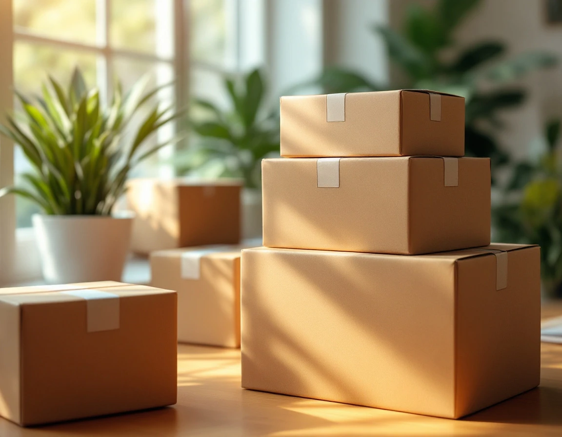 Plain cardboard shipping boxes stacked indoors with natural window lighting and indoor plants in background