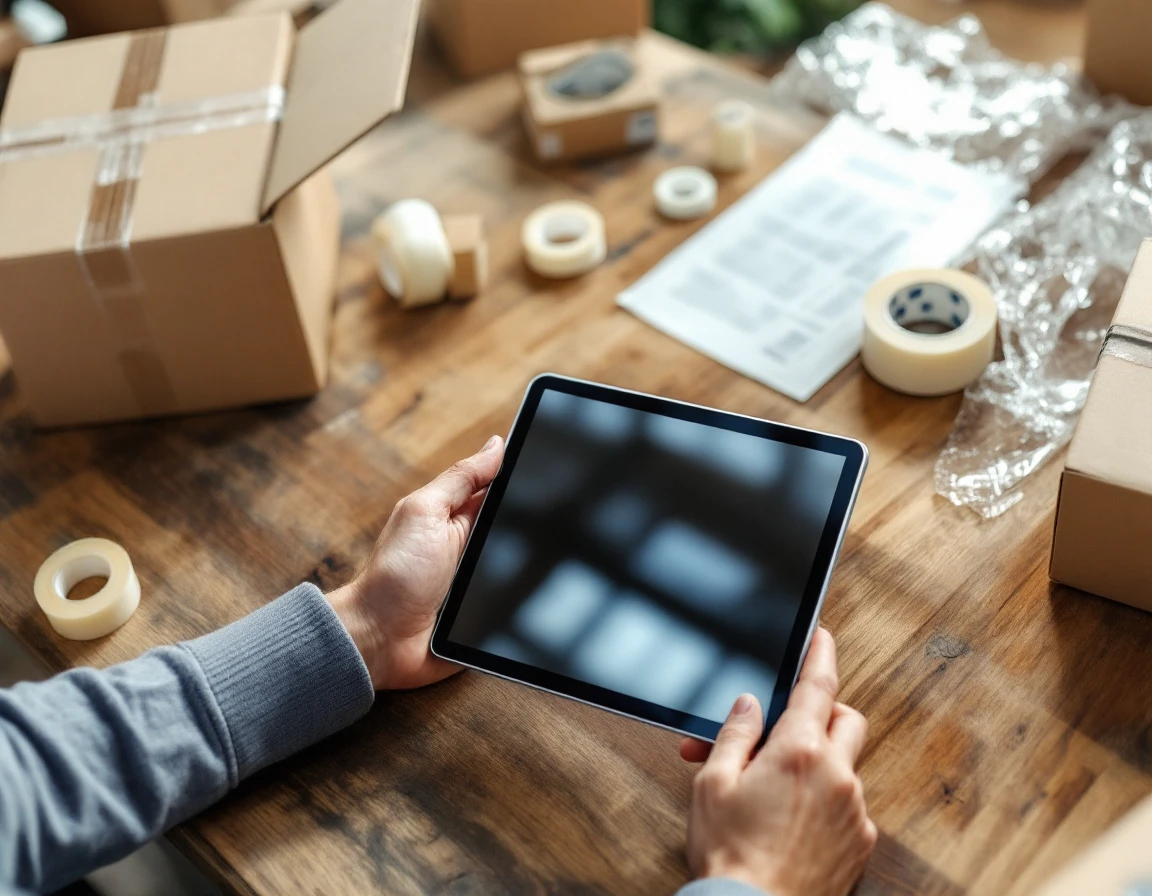 Hands holding tablet over shipping workspace with parcels and packing materials on wooden desk