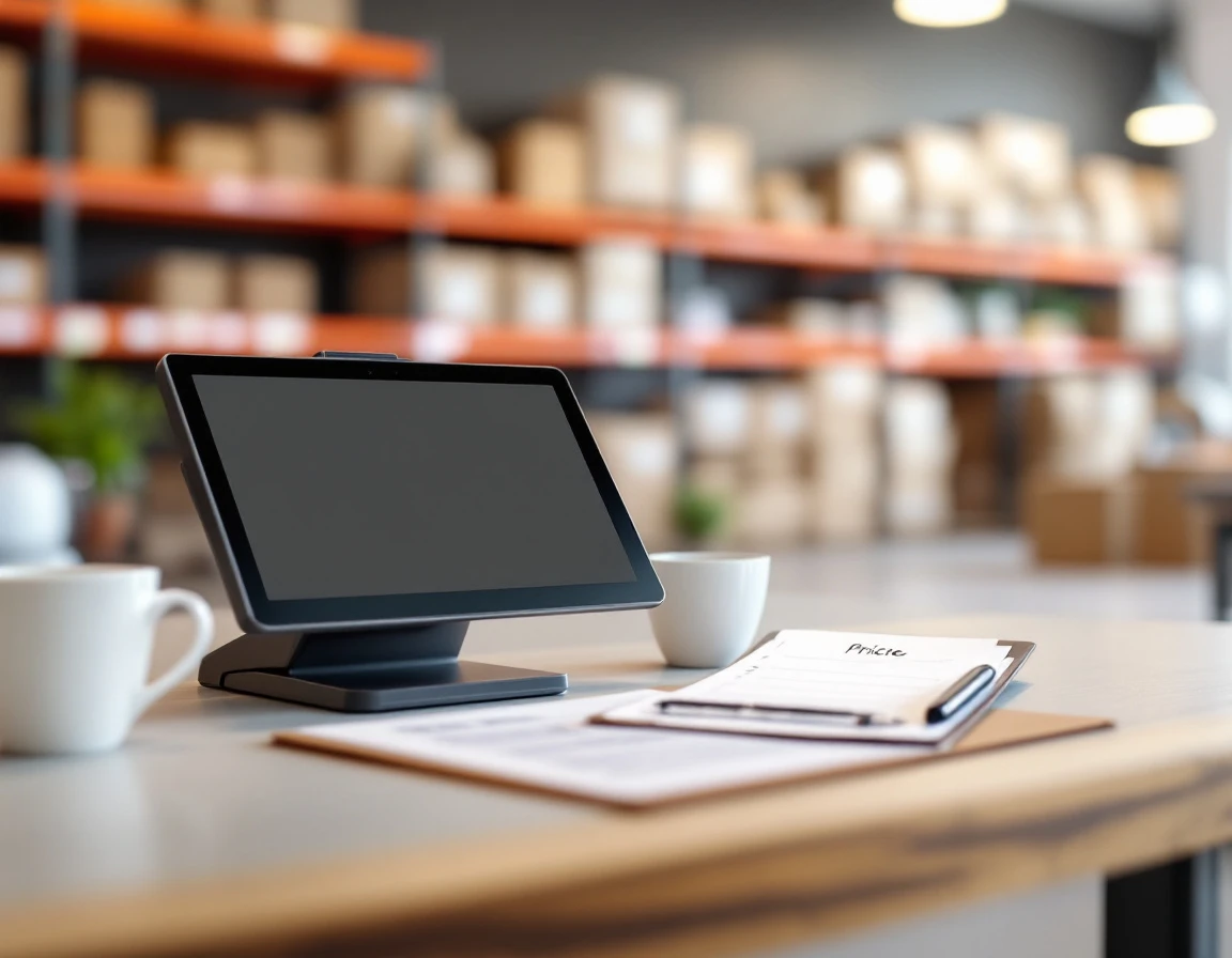 Blank payment terminal beside clipboard on shipping store counter with blurred warehouse shelving background