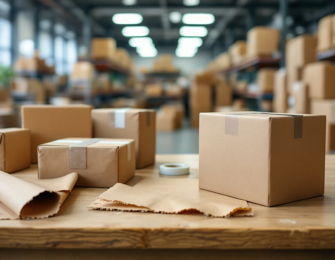 Packing station with cardboard boxes and shipping supplies on warehouse work surface