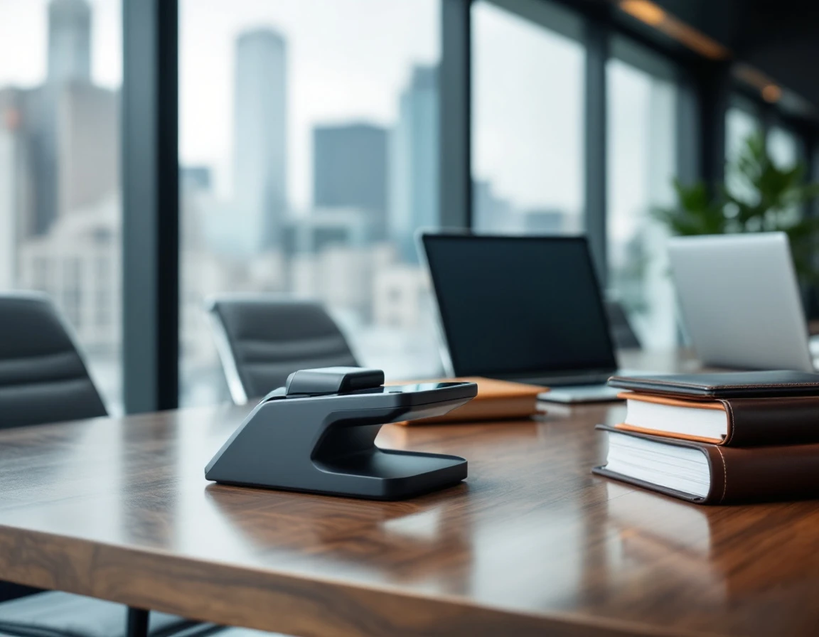 Point-of-sale terminal on conference table with compliance materials in corporate meeting setting