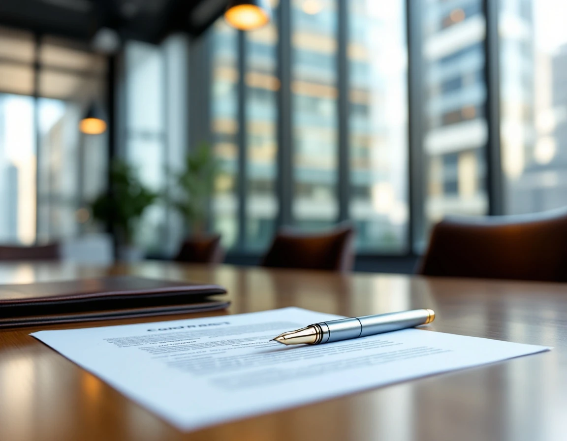 Business contract and fountain pen on executive conference table in modern office setting
