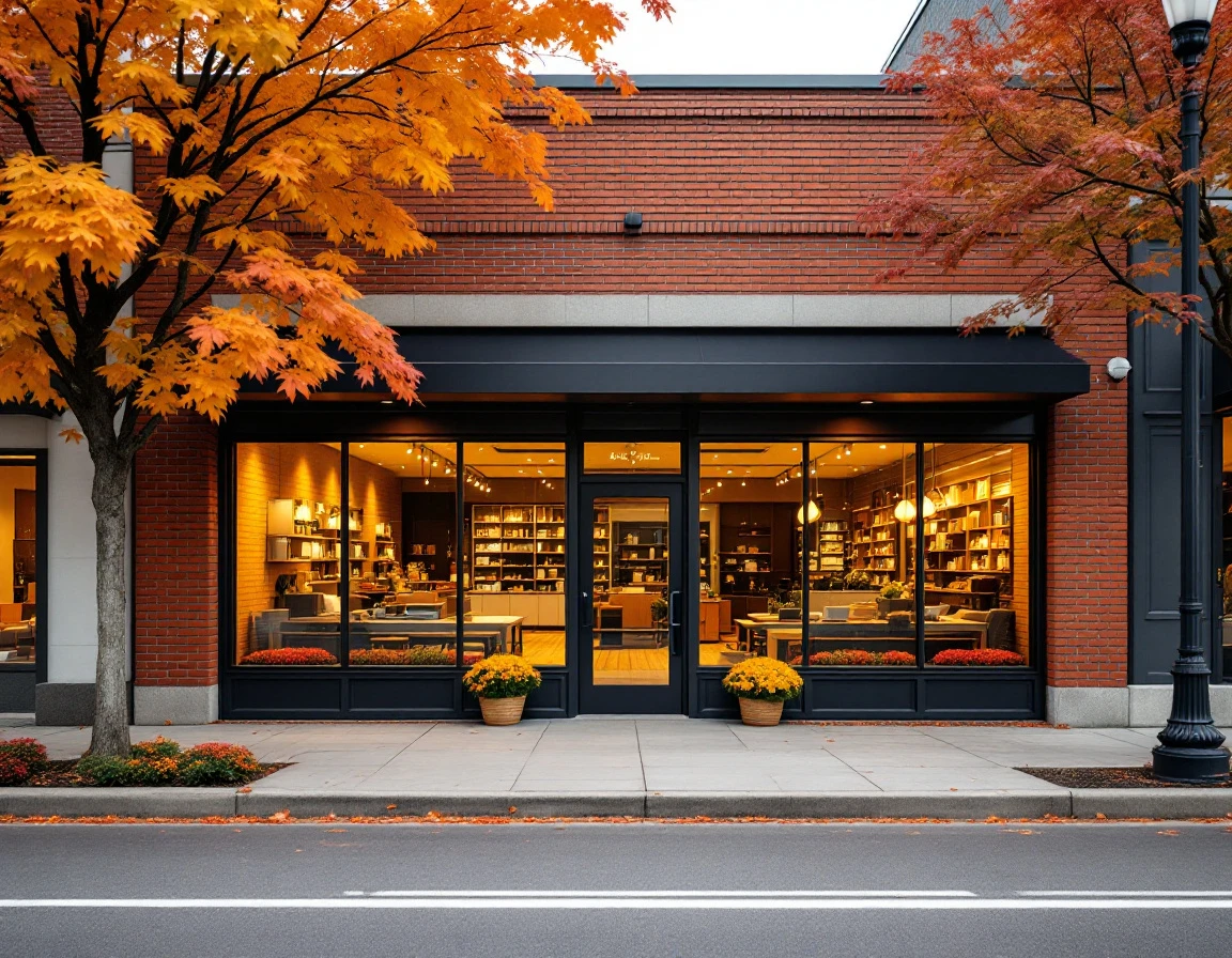 Modern pack-and-ship storefront with autumn foliage and professional lighting during golden hour
