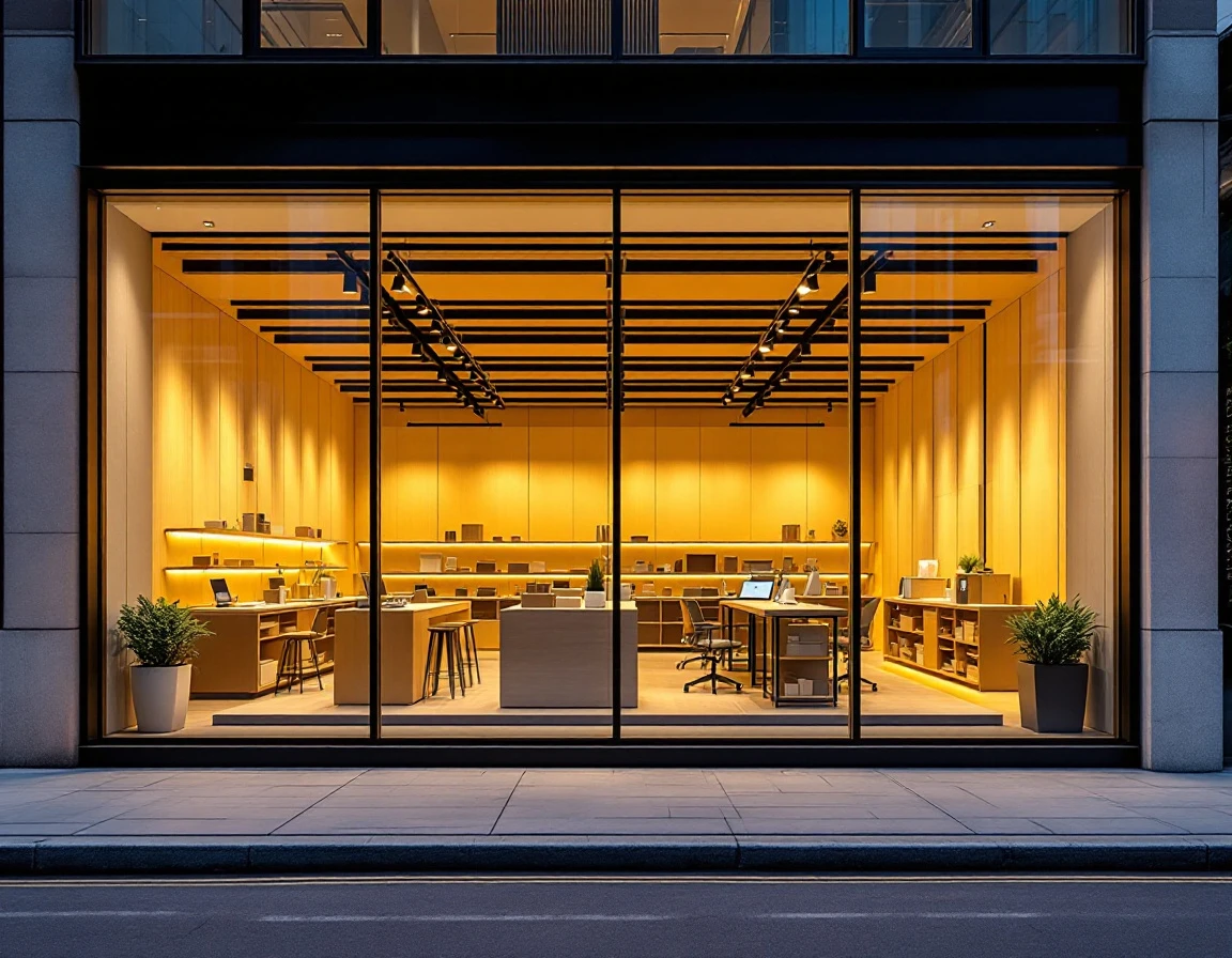 Modern pack-and-ship retail storefront with clean glass windows and warm interior lighting at street level