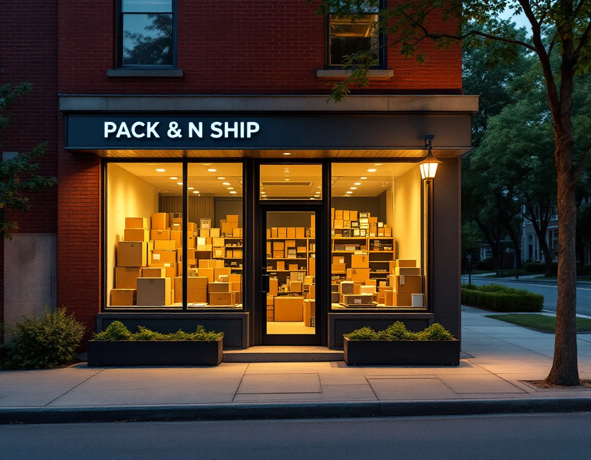 Modern pack-and-ship storefront with display windows and warm evening lighting on residential street