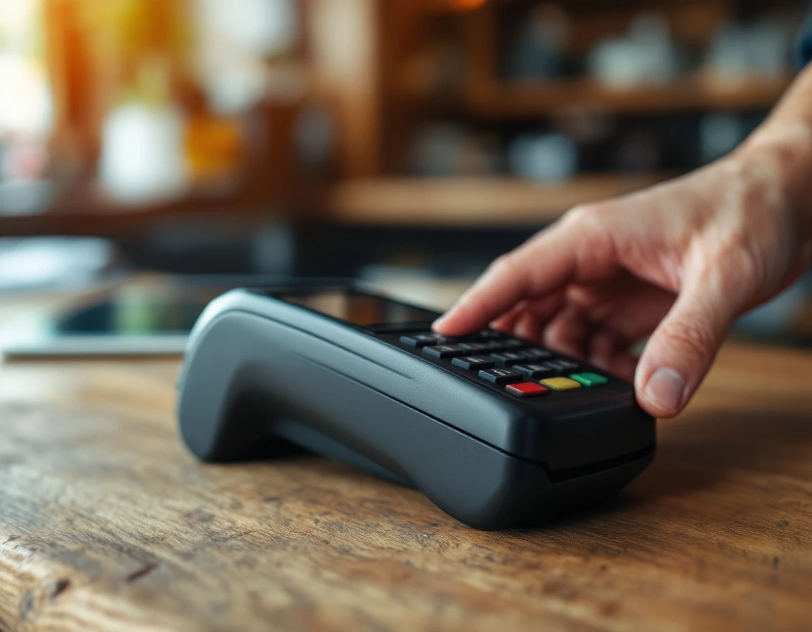 Modern POS terminal on retail counter with blurred tablet in background showing integrated business systems