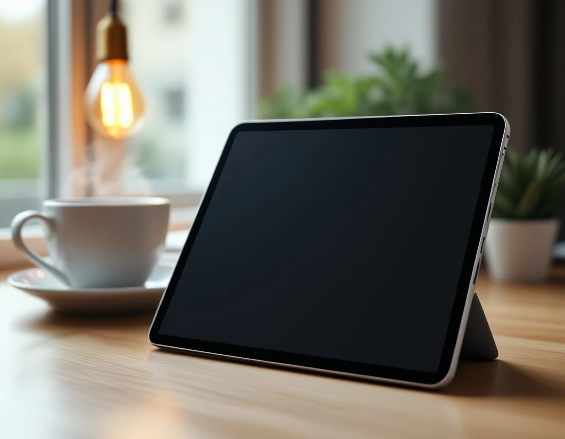 Tablet with blank screen on office desk beside coffee cup and plant in natural window light