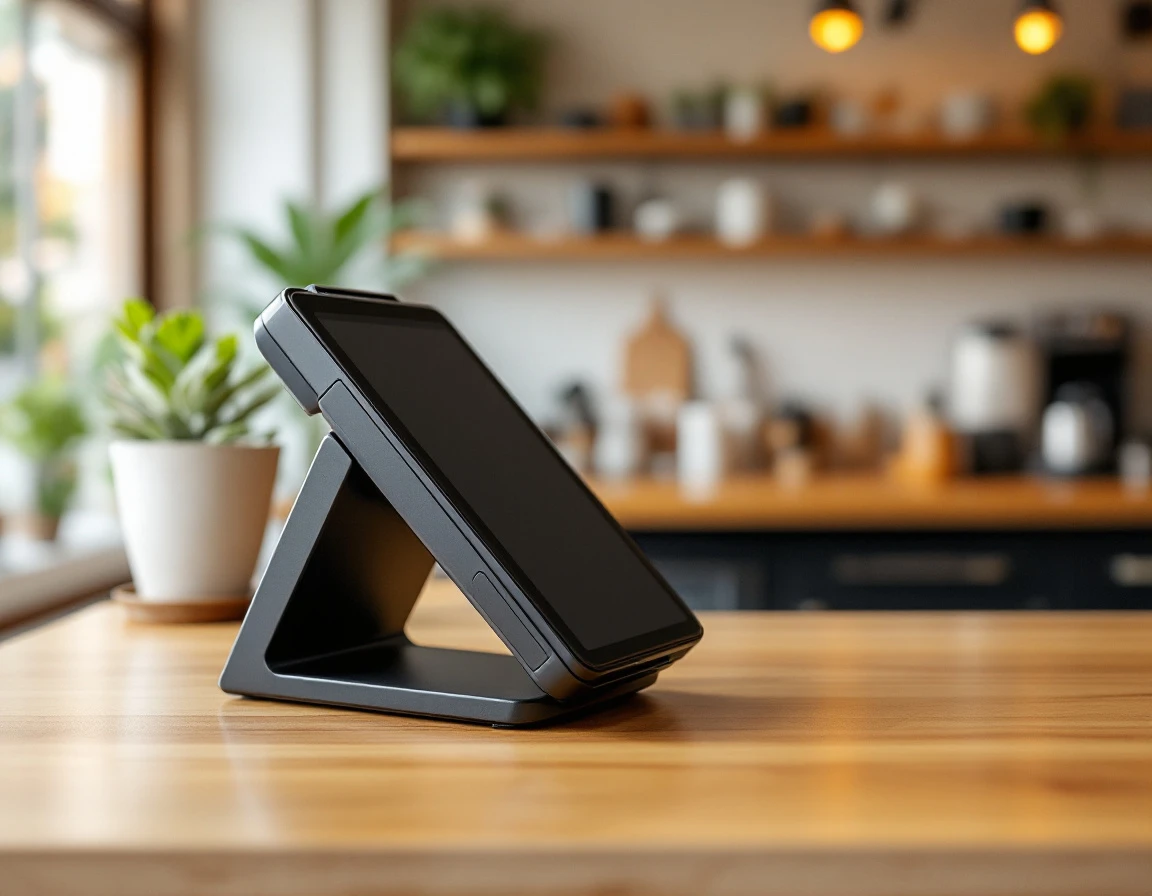 Modern payment terminal on retail counter with natural window lighting and blurred boutique background
