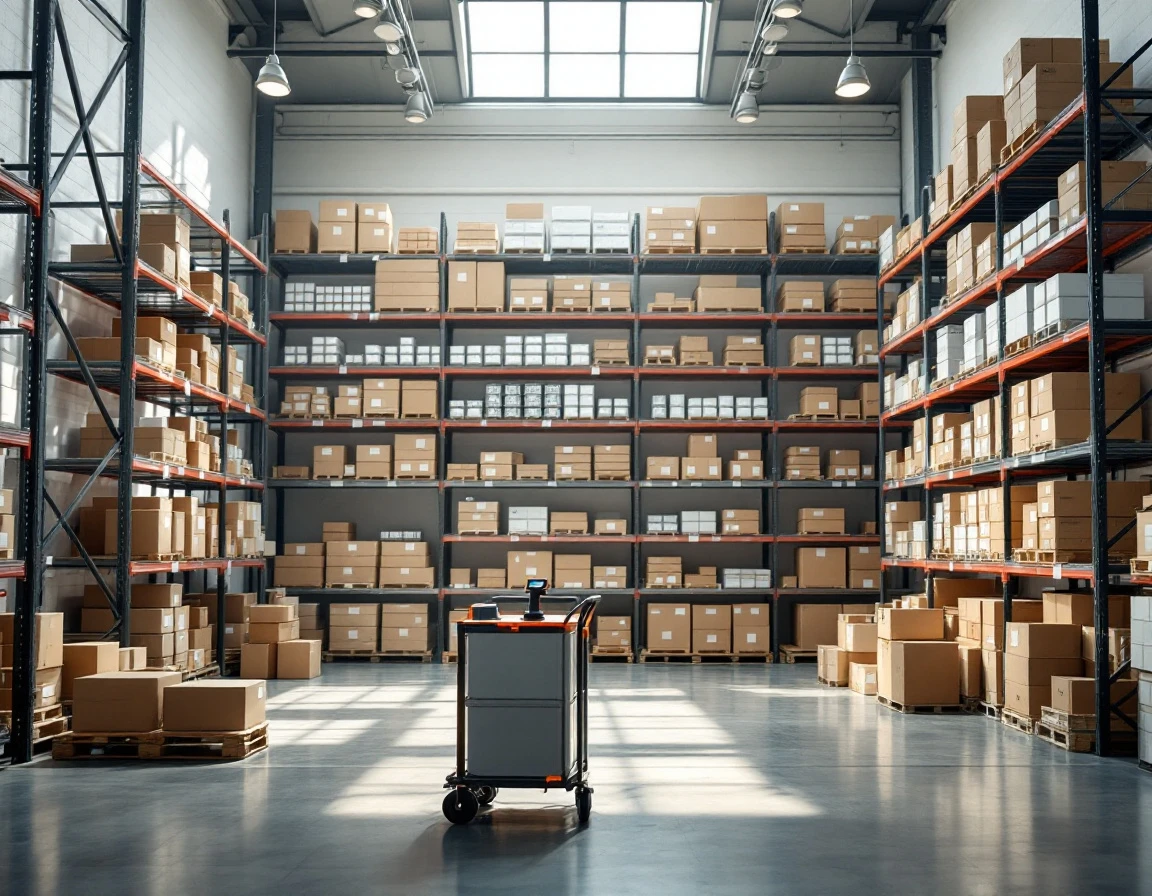 Organized retail stockroom with systematic shelving and inventory management systems for multi-location tracking