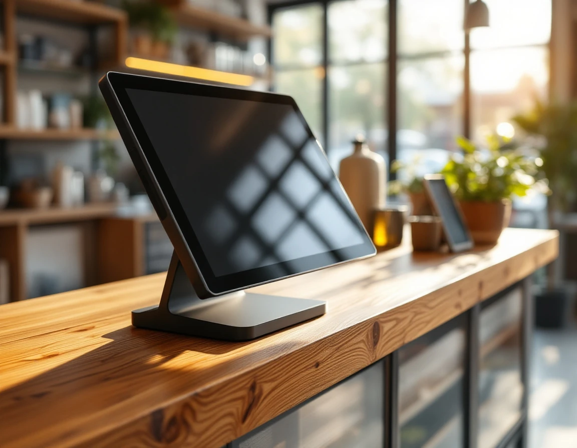 Modern POS terminal on wooden retail counter with natural lighting and blurred shop background