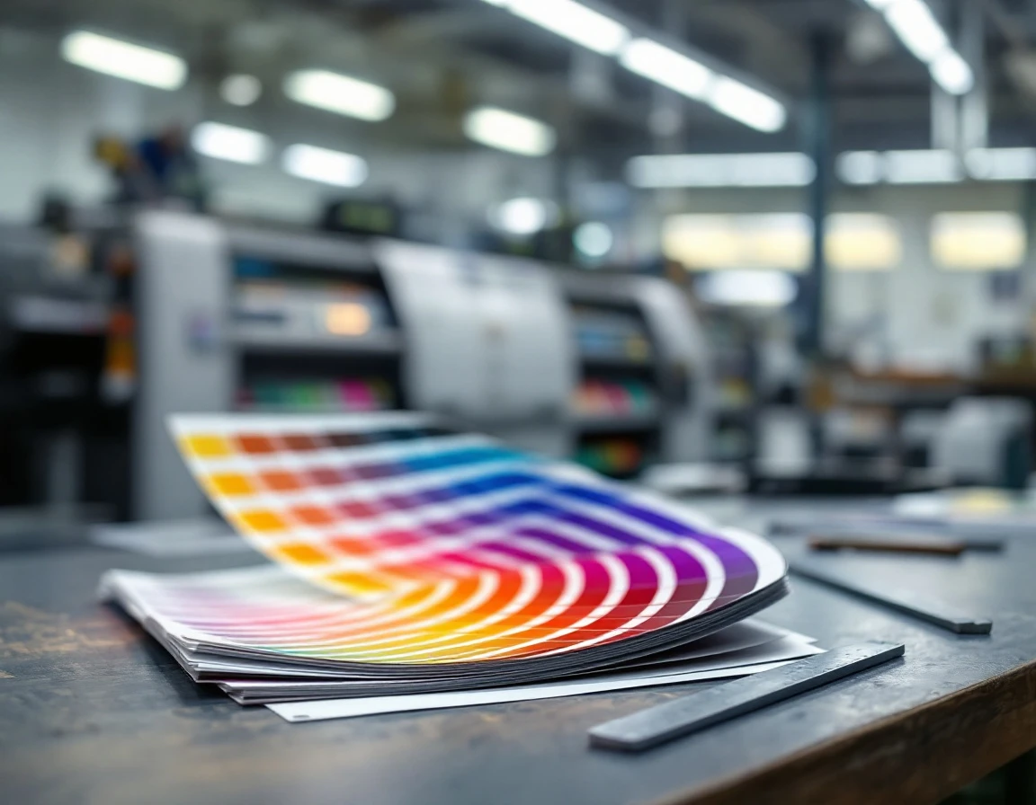 Pantone color swatch fan on print shop work table with offset press visible in background