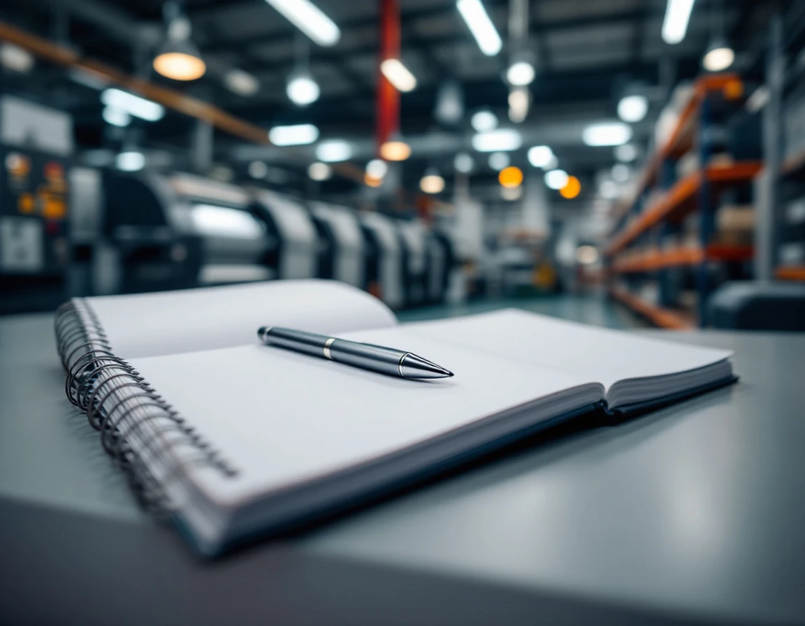 Open notebook on work surface in print production facility with industrial equipment softly blurred in background