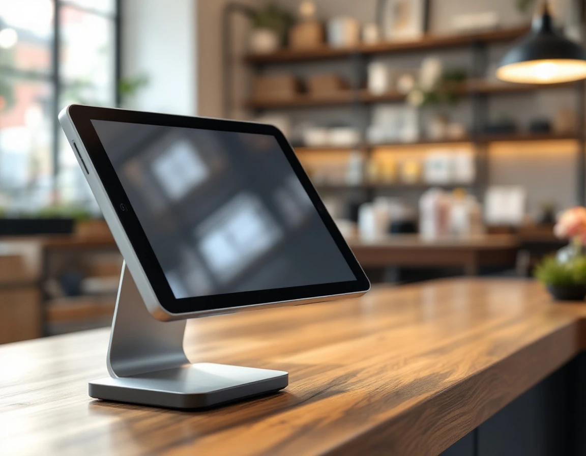 Point-of-sale tablet and card reader on wooden retail checkout counter with natural lighting