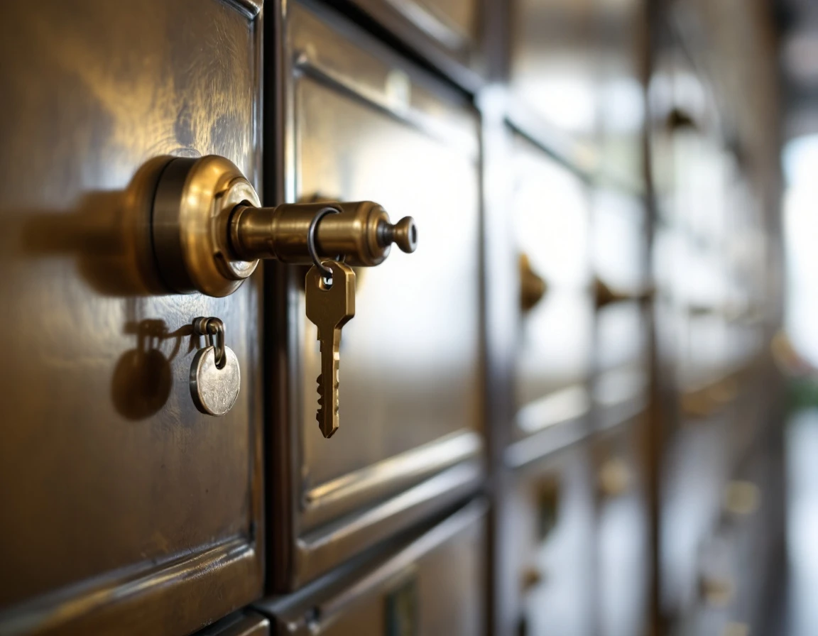 Brass mailbox lock mechanism in commercial mail rental facility showing security hardware details