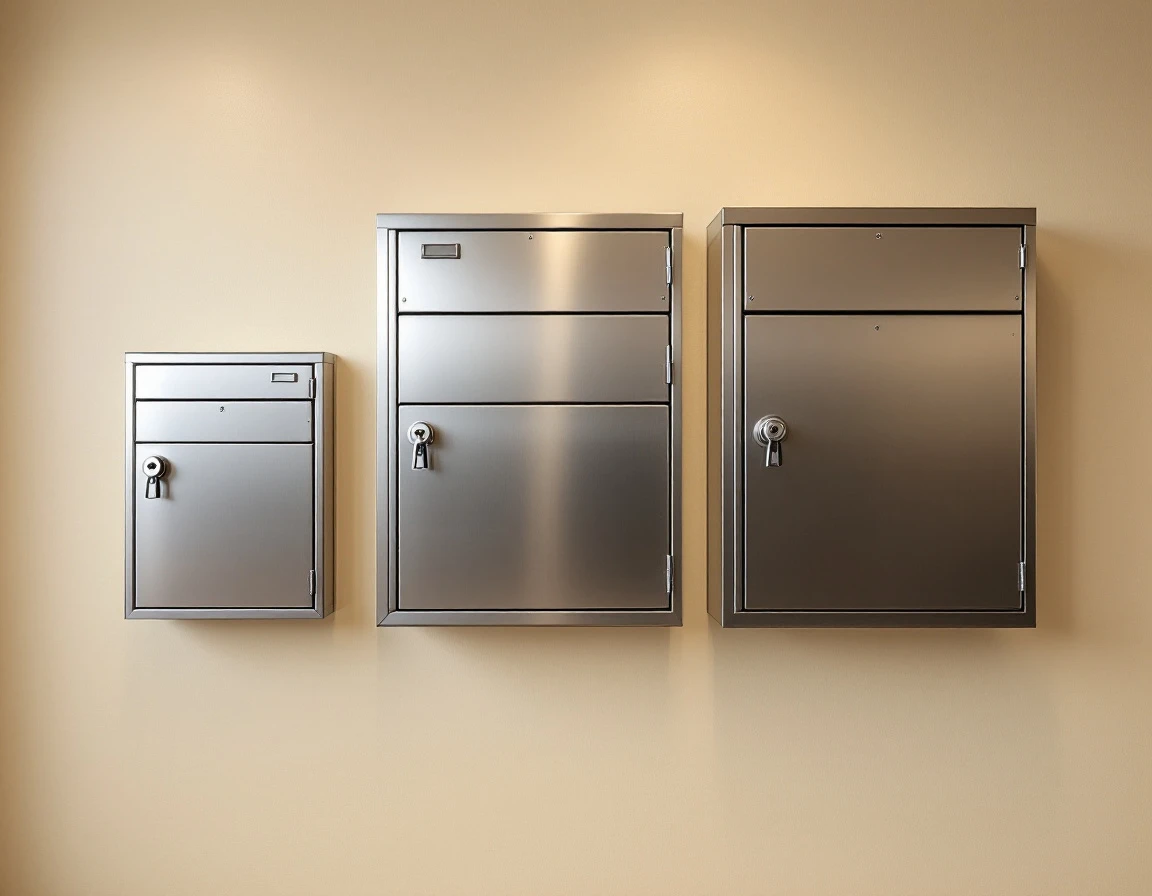 Three different-sized mailbox rental units mounted on wall showing tiered service options