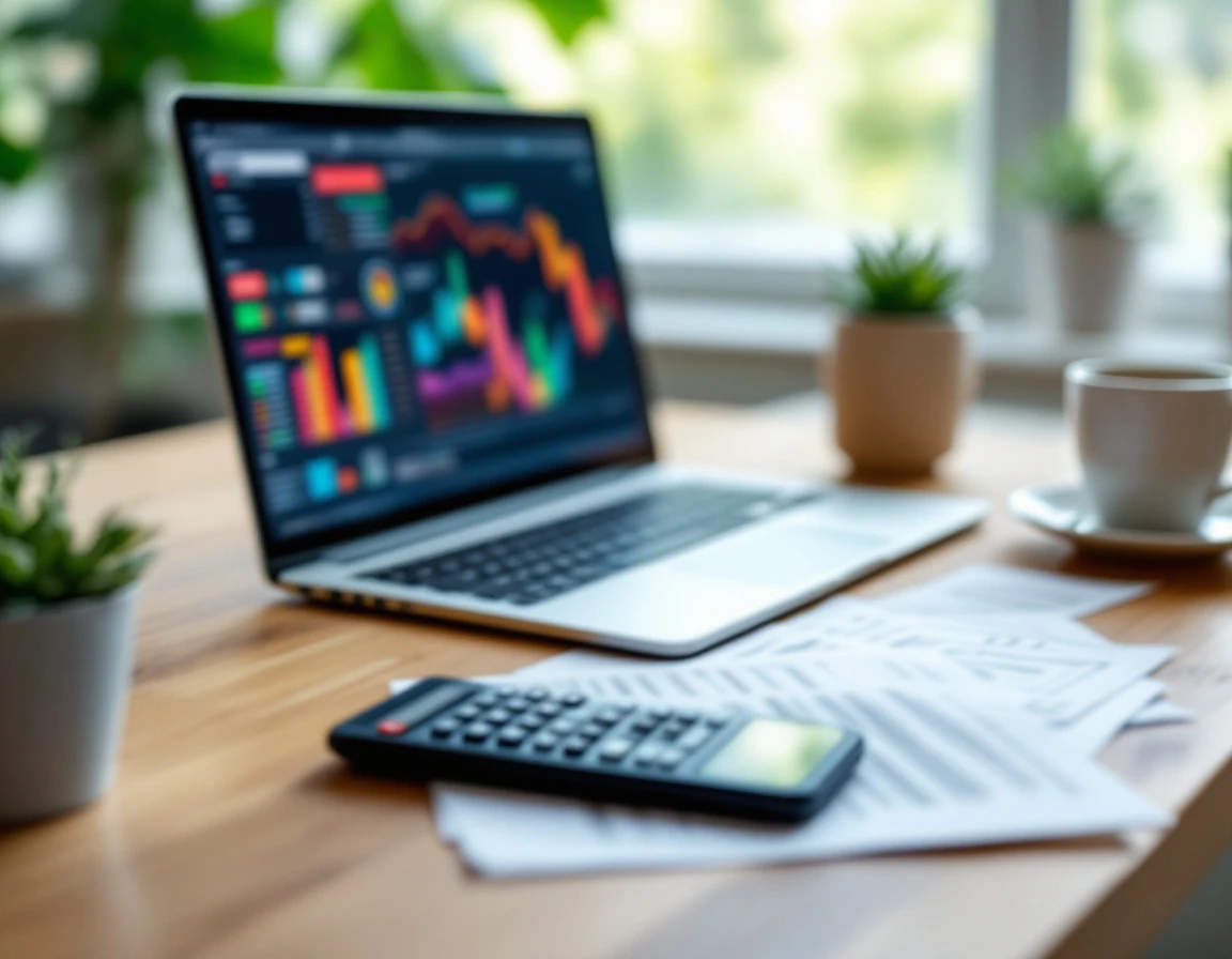 Professional workspace with calculator and laptop for analyzing mailbox rental recurring revenue projections