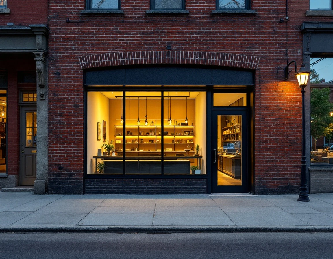 Modern retail storefront at dusk in a small business district with brick facade and illuminated interior