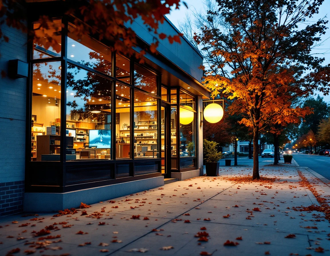 Modern retail storefront at dusk with warm interior lighting in autumn transitioning commercial district